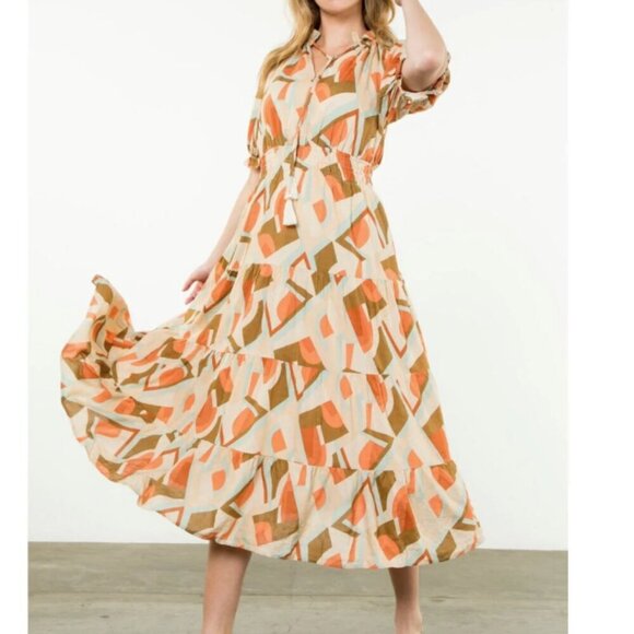 THML | NWT Mia Midi Dress Tie Neck Smocked Tiered Popover Geometric Print Size S - Picture 2 of 14